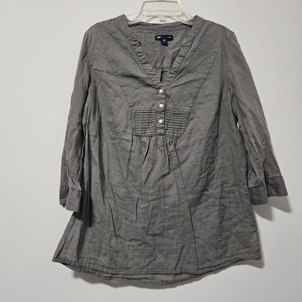 Gap Womens Dark Gray Cotton Pintuck Pleated V-Neck 3/4 Sleeve Roll Tab Tunic S